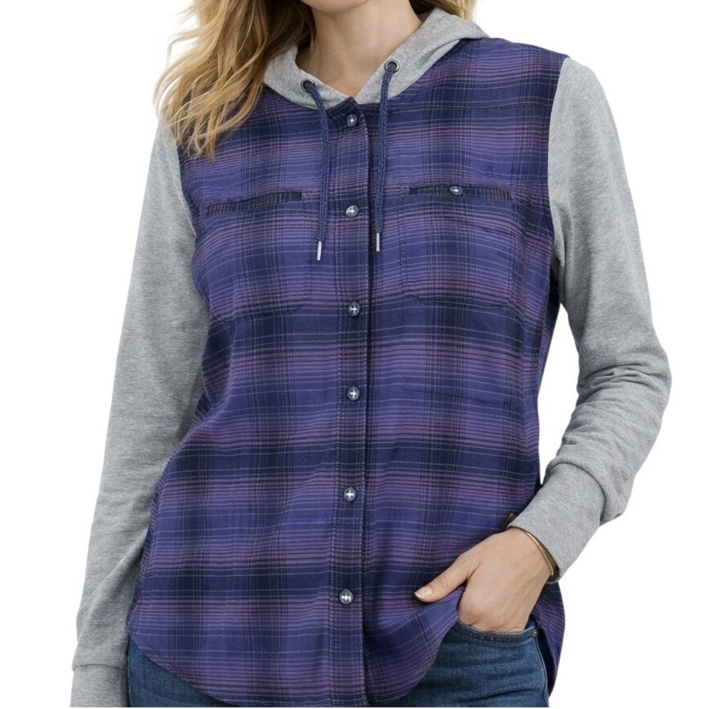 The North Face Plaid Hooded Shirt Womens S‎ Petite Purple Mixed Media Flannel